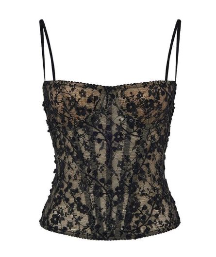 This is a black lace corset with shoulder straps.