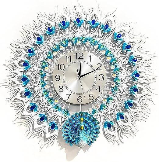 Large Peacock Wall Clock 23.6 inch Non-Ticking Silent Crystal Creative Personality Modern Art Decorative Wall Clocks for Living Room Decor