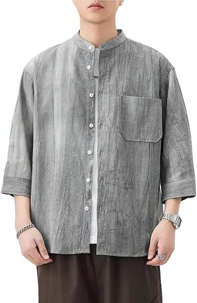 Men's 3/4 Sleeve Cotton Linen Shirt Casual Button Down Loose Fit Summer Workwear Beach Tops