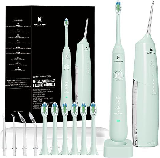 2-1 Oral Clean Kit- Water Dental flosser & Electric Toothbrush Combo- Brushing & Flossing- for Teeth Cleaning and Gum Health (Light Green)
