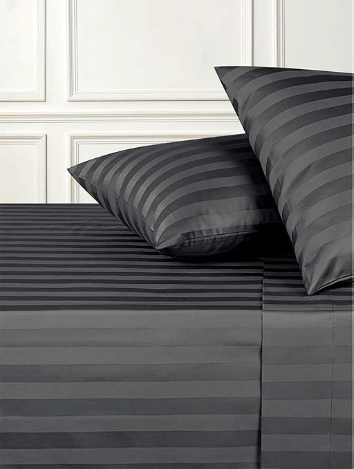 Damask Stripe Grand King Size Low Profile 6 Piece Sheet Set (7-10 Inches) - 1000 Thread Count 100% Egyptian Cotton Sateen 6 PC Luxury Bed Sheets Perfect for Low Profile Mattress - Dark Grey