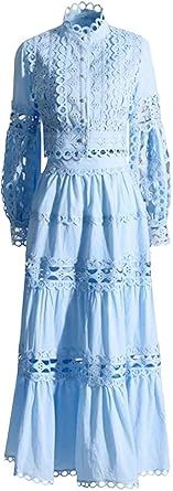 Women's Two Piece Embroidered Blouse Skirt Set Hollow Out Top A Line Midi Skirt Outfit