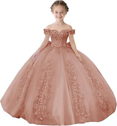 Lace Beaded Flower Girl Dresses for Wedding Off Shoulder Gilrs Pageant Dress Tulle Toddler Ball Gowns with Big Bow