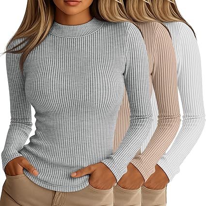 Riyiper 3 Pack Women's Ribbed Shirts, Mock Turtleneck Long Sleeve Tops Slim Fitted Undershirts Casual Basic Layering Tees