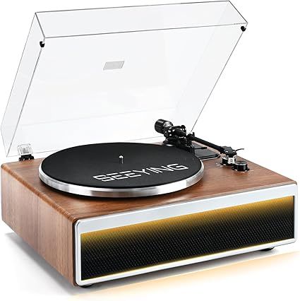 Vinyl Record Player with Built in HiFi Speakers, Bluetooth Belt Drive Turntable for Vinyl Records with Magnetic Cartridge, Auto Stop and Warm Light Design