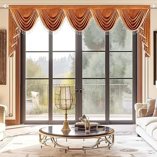 VOGOL 138" Wide Orange Velvet Waterfall Valance, Swag Curtains for Sliding Doors, Room Darkening Victorian Window Topper, Autumn Thanksgiving Decor, 1 Panel