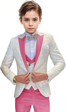 Boys Tuxedo Suit Jacquard Slim Fit 3 Piece Kids Tuxedo Suits for Boys Formal Wedding Suit Blazer Vest Pants