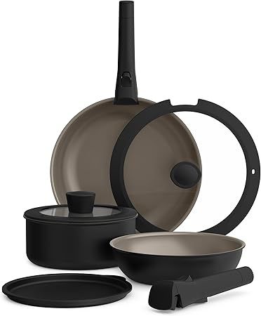 bella 8 Piece Removable Handle Cookware Set, Fits-anywhere™ Kitchenware w EverGood™ Ceramic Nonstick Coating​, Dishwasher & Oven Safe, All Stovetops Compatible, Glass Lids with Silicone Rims, Black