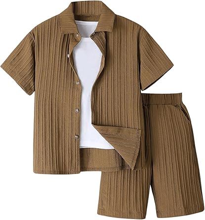 Boy's 2 Piece Beach Vacation Textured Linen Outfit Short Sleeve Button Down Shirt Top and Shorts Summer Set