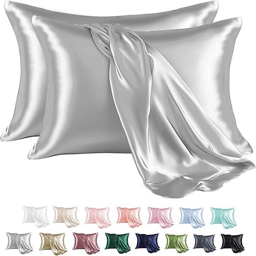 MR&HM Satin Pillowcase for Hair and Skin, Silk Satin Pillowcase 2 Pack, Queen Size Pillow Cases Set of 2, Silky Pillow Cover with Envelope Closure (20x30, Silver Grey)