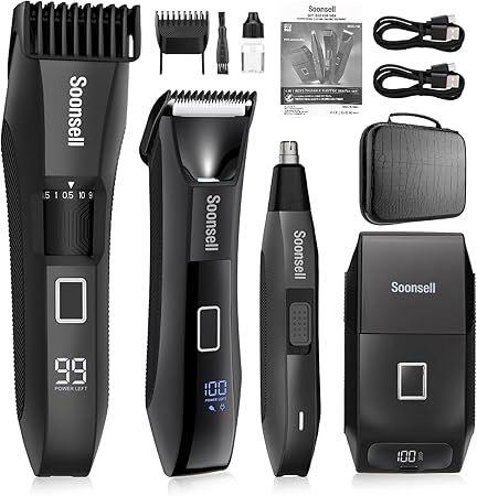 Soonsell Manscape Beard Trimmer for Men,IPX7 Waterproof 4 in 1 Men's Grooming Kit,Ball Shaver,Nose Hair Clippers,Electric Razor,Hair Clippers for Men,LED Display,Wet/Dry Trimmer