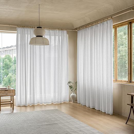 MAIHER Beige White Faux Linen 108 Inch Length Pinch Pleated Curtains, 84" W x 108" L, Light Filtering Semi Sheer Pleated Drapes for Living Room, Privacy Pleated Curtain, 1 Panel