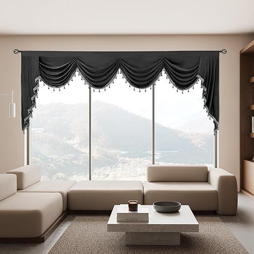 Velvet Waterfall Valance for Bedroom - Tassels Valances for Living Room Rod Pocket Valances (1 Panel, Grey, W110 inches)