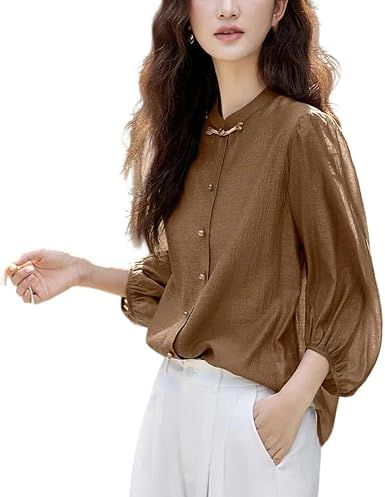 Women's Elegant Chinese Style Long Sleeve Blouse Casual Button-Down Work Shirt