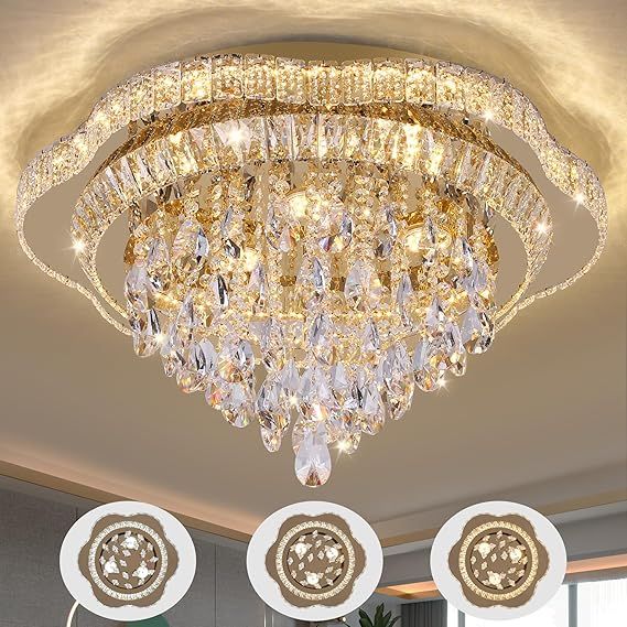 Gold LED Crystal Ceiling Light, 24" Modern Flush Mount Chandelier with K9 Crystal Raindrop,Elegant Lighting Fixture with Remote Control, 3CCT Dimmable-Flower Shape