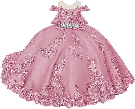 Boatneck Lace Flower Girl Dresses 3D Flower Ball Gown Dresses for Girls Pearly Crystal Girls Pageant Dress