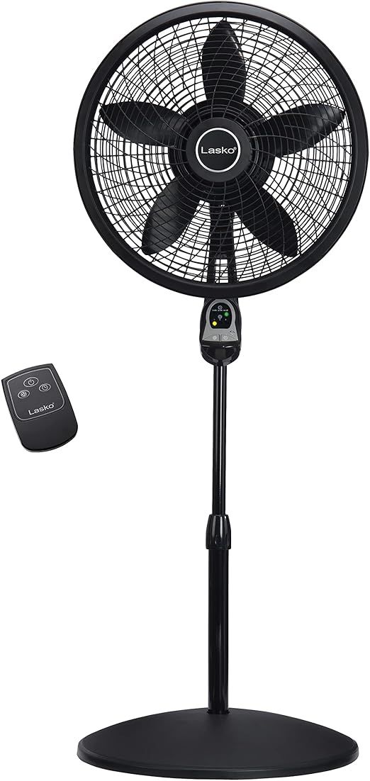 Lasko Oscillating Cyclone Pedestal Fan, Adjustable Height, Timer, Remote Control, 3 Speeds, for Bedroom, Living Room, Home Office, 18", Black, 1843