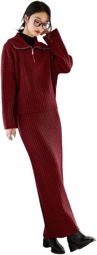Women Skirts Knitted Half-Zipper Sweater Midi A-Line Skirts Autumn Ladies Two Piece Sets