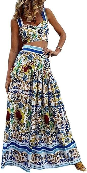 ksotutm 2 Piece Skirt Sets for Women Animal Printed Halter Top High Waist Maxi Skirt Women's Fashion Vacation Outfits