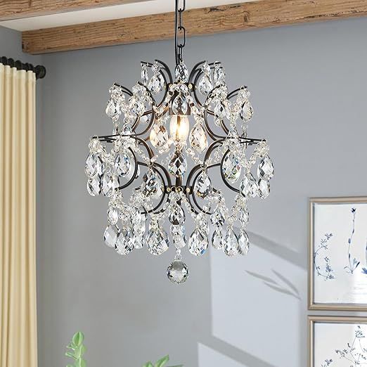 Bestier Black Modern Pendant Chandelier Crystal Raindrop Lighting Ceiling Light Fixture Lamp for Dining Room Bathroom Bedroom Livingroom entryway 1 E26 Bulbs Required D13 in x H16 in