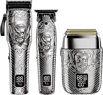 BESTBOMG Professional Cordless Mens Hair Clippers & Beard Trimmer and Electric Shavers Kits & Sets,Metal Hair Clippers Cutting Grooming Kit with Long Battery Life for Family Barber Use (Gray)