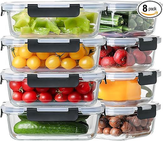 8 Pack 36oz Large Glass Meal Prep Containers with lids, Glass Food Storage Containers with Leak Proof Snap Lock Lids , Airtight Bento lunch Boxes, Kitchen Storage, Oven, Freezer and Dishwasher Safe