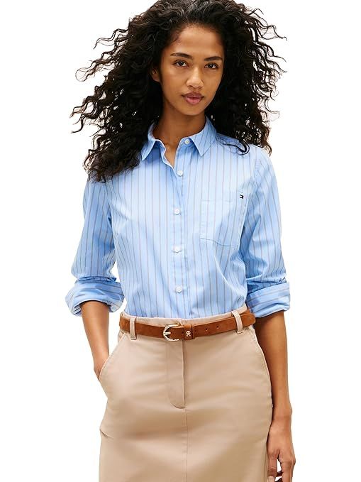 Tommy Hilfiger Womens Cotton Poplin Long Sleeve Button Down Shirt in Regular Fit with Roll Up Sleeve