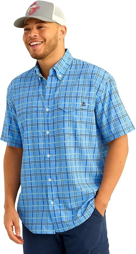 HUK - Men's Tide Point Pattern Short Sleeve Shirt, Fishing Button Down