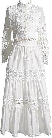 Women's Two Piece Embroidered Blouse Skirt Set Hollow Out Top A Line Midi Skirt Outfit