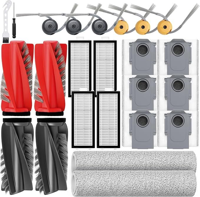 Roller Brush and HEPA Filter Replacement Compatible with Roborock Qrevo Curv 2 Flow Robot Vacuum Cleaner,4 Main Brush,2 Roller Mop Cloth, 4 HEPA Filter,6 Side Brush,6 Dust Bag,Accessories Parts Kit