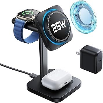 ESR for 3 in 1 Charging Station, Qi2.2 Certified 25W MagSafe Charger Stand with CryoBoost, Phone-Cooling Fast Charging Station, for iPhone 17/16 with iOS 26, AirPods, Apple Watch, Black