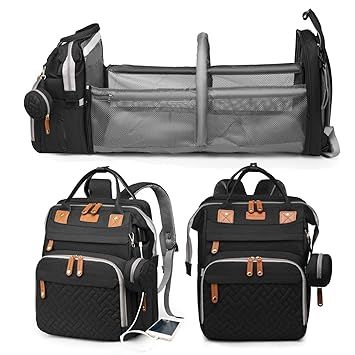 Jeryswet Baby Diaper Bags with Changing Station, Waterproof Large Capacity Diaper Bag Backpack for Moms Dads with USB Charging Port and Stroller Straps, Baby Shower Gifts, Black