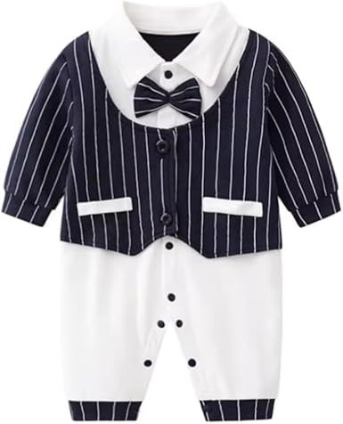 Newborn Baby Boy Gentleman Romper Tuxedo One-Piece Outfit with Bow Tie, 100% Cotton Long Sleeve Formal Wear