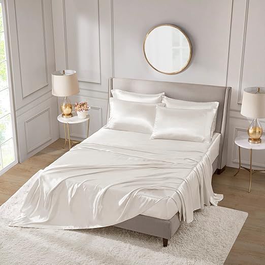 100% Mulberry Silk Sheet Set - 22 Momme Grade 6A, 16-18 Inch Deep Pocket, Indulgent Sheets for Dreamlike Comfort, Full XL-Ivory