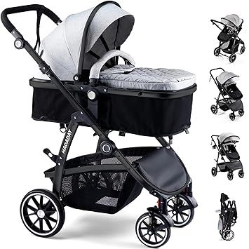 Baby Stroller, 2-in-1 Reversible ToddlerSeat with Lie-Flat Mode, Foldable Infant Stroller with Canopy, One Button Brake, Adjustable Handle, Newborn Pushchair (Gray B)
