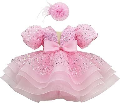 Sequins Pageant Princess Dress Toddler Girls Bubble Sleeves Birthday Party Dress Flower Girls Tutu Detachable Tail