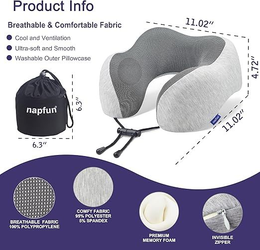 napfun Neck Pillow for Traveling, Upgraded Travel Neck Pillow for Airplane 100% Pure Memory Foam Travel Pillow for Flight Headrest Sleep, Portable Plane Accessories, Light Grey