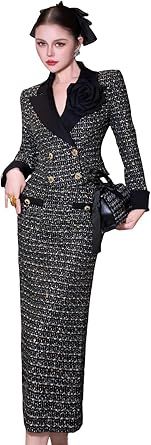 Women's Party Suit Set Floral Tweed Jacket with Matching Long Skirt for Evening and Special Occasions