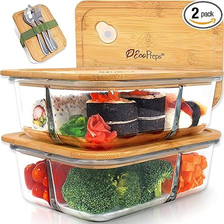 Large Glass Bento Box Containers with Bamboo Lids, 3 Compartment Glass Meal Prep Container Set (2 Pack, XL) - 100% Plastic Free, Eco-Friendly Lunch Containers, Bento Boxes for Adults
