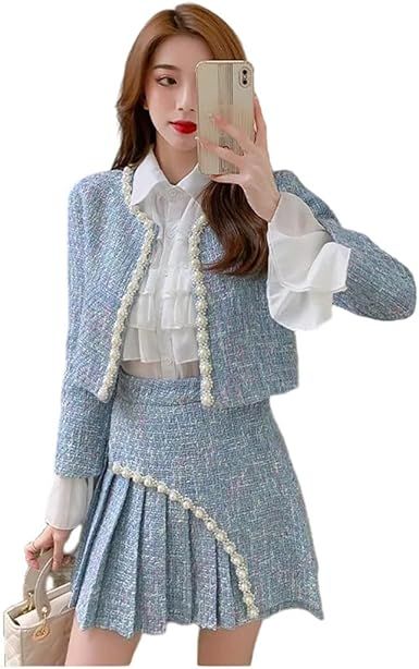 Women Beading Tweed 3 Piece Set Pearls Short Jacket Coat+Ruffles Chiffon Shirt+Mini Pleated Skirt Suit