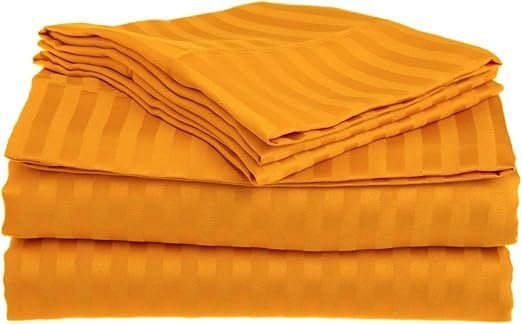 True Luxury Pure Heavy Rich Supima ELS Cotton 4-Piece Bed Sheets Set Full Size Fits mattresses Upto 30-34” deep Pocket – Sateen Weave (Stripe, Orange)