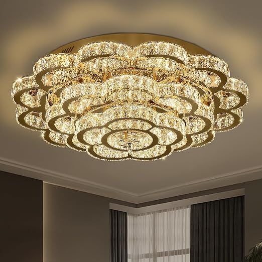 Flashing God W32 Modern Chandeliers for Living Room Flush Mount Crystal Chandelier Gold Ceiling Chandelier Light Fixture Dimmable LED 2700k 4500k 6000k