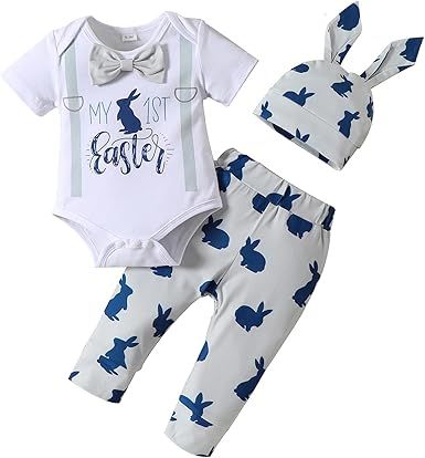 Fairy Baby Infant Baby Boy My First Easter Day Gentleman Outfits Newborn Bow Tie Romper Bunny Pant Clothes Set with Hat 0-18M