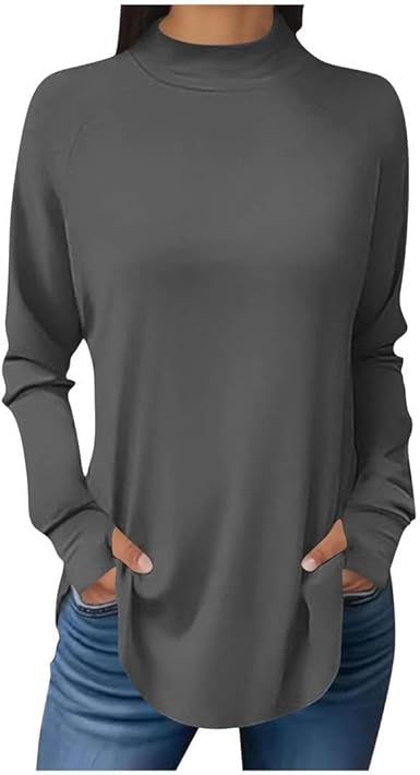 FMCHICO Women Mock Neck Shirt Long Sleeve Fall Tops Casual Tunics or Tops to Wear with Leggings