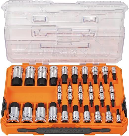 Klein Tools 65233HEX Hex Bit Socket Set, 1/4, 3/8, 1/2-Inch Drives, Knurled, SAE (5/64 to 3/4 inch) and Metric (2 to 19mm) with MODbox Case, 32-Piece