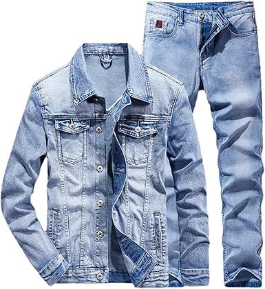Men's Sets Blue Jean Jackets Suits Multi Pockets Loose Casual Cotton Vintage Street Denim Jacket+Pants For Men