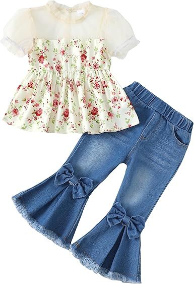 About this item  •   The 95%Polyester 5%Elastane shirt is soft and comfy enough for all day wear. Our little girl outfit are built to last season after season. •   With details we love like ruffle hem design and elastic waist,this cute girl clothes is sur