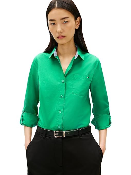Tommy Hilfiger Womens Cotton Poplin Long Sleeve Button Down Shirt in Regular Fit with Roll Up Sleeve