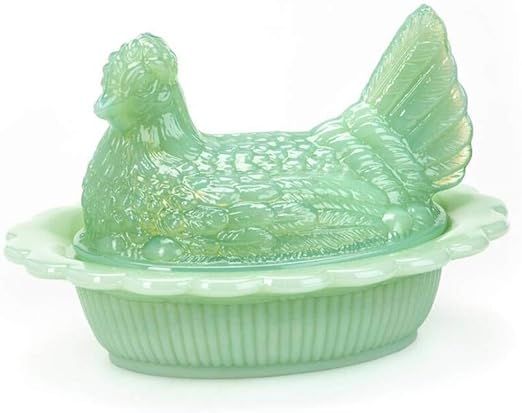 WGP Mosser Glass Hen Candy Dish, Vintage Style Covered Candy Bowl with Lid, 6 Inch, Jadeite Green Opaque Glass