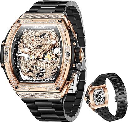 OLEVS Mens Mechanical Watch Dragon Luxury Diamond Skeleton Tonneau Automatic Wrist Watch Luminous 50M Waterproof Sapphre Crystal